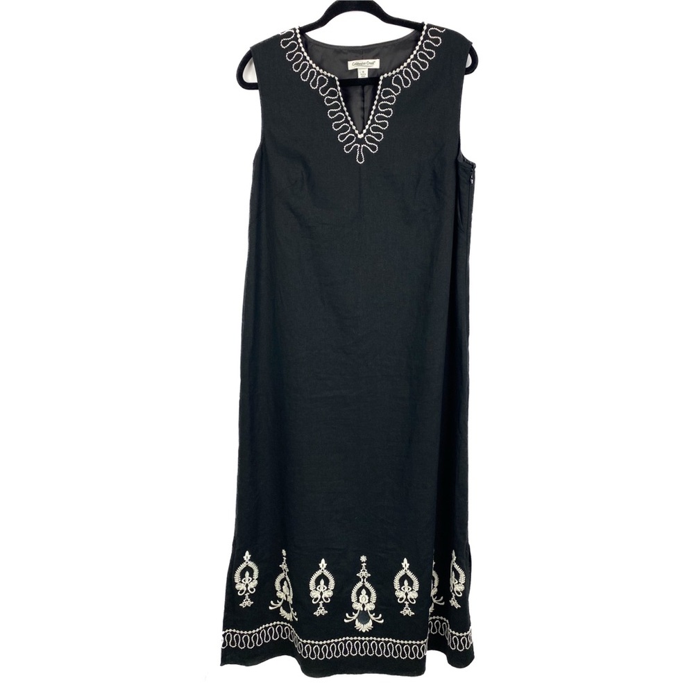Coldwater Creek Linen Embroidered Maxi Dress 14‎ Black Sleeveless Old Money